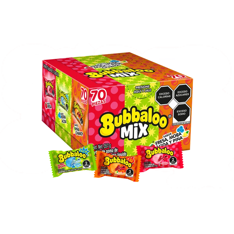 Adams 70´s chicle Bubbaloo FRESA-MORA-PIÑA display con 70 piezas (Cartón con 32 displays) 32/70pzs