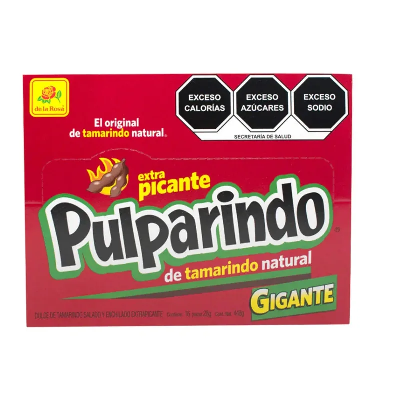 de la Rosa Pulparindo Gigante Extra Picante paquete con 16 piezas