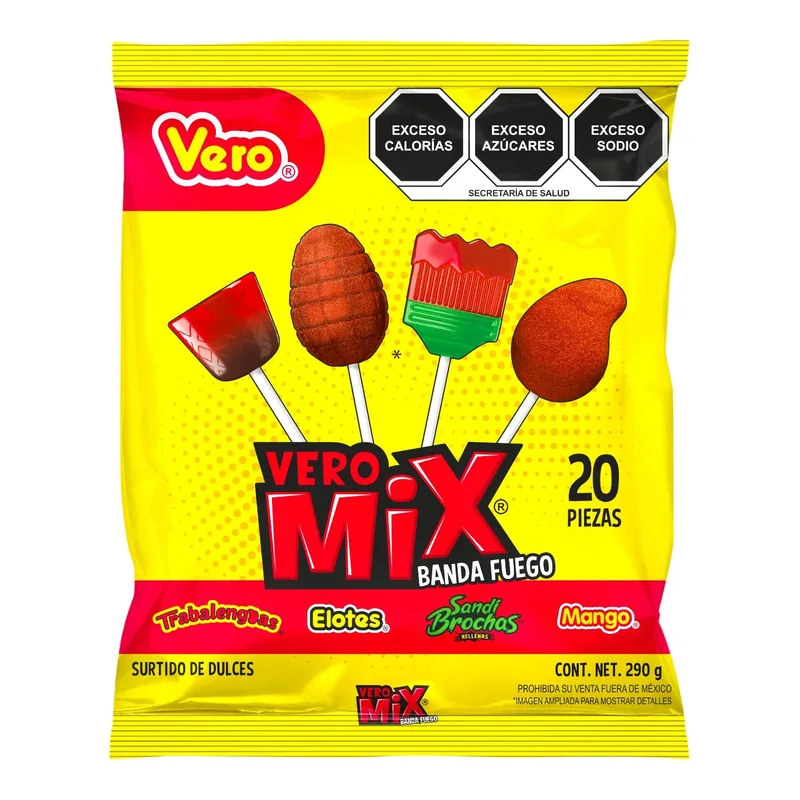 Dulces Vero paletas Mix Banda de Fuego bolsa con 20 piezas