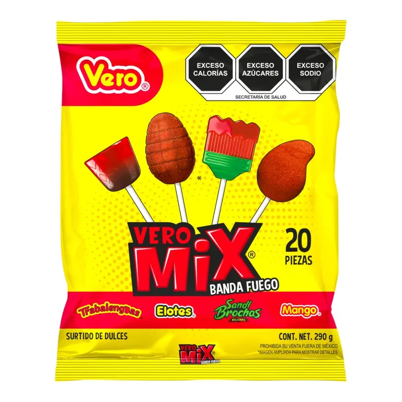 Dulces Vero paletas Mix Banda de Fuego bolsa con 20 piezas