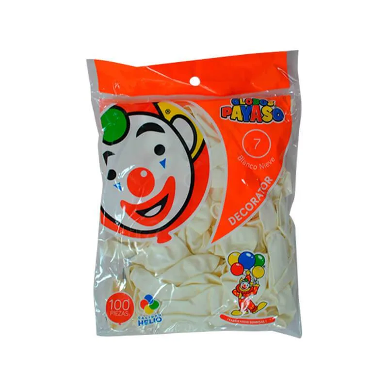 Globos Payaso #7 BLANCO NIEVE bolsa con 100 piezas