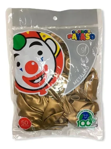Globos Payaso Metálico #9 ORO bolsa con 50 piezas
