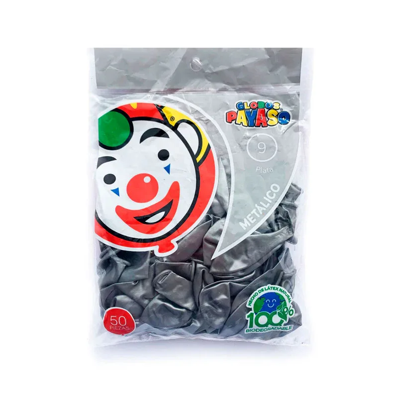 Globos Payaso Metálico #9 PLATA bolsa con 50 piezas