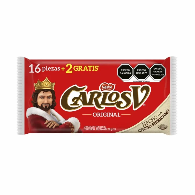 Nestlé Chocolate Carlos V Suizo REY 28´s paquete con 16 piezas de18g