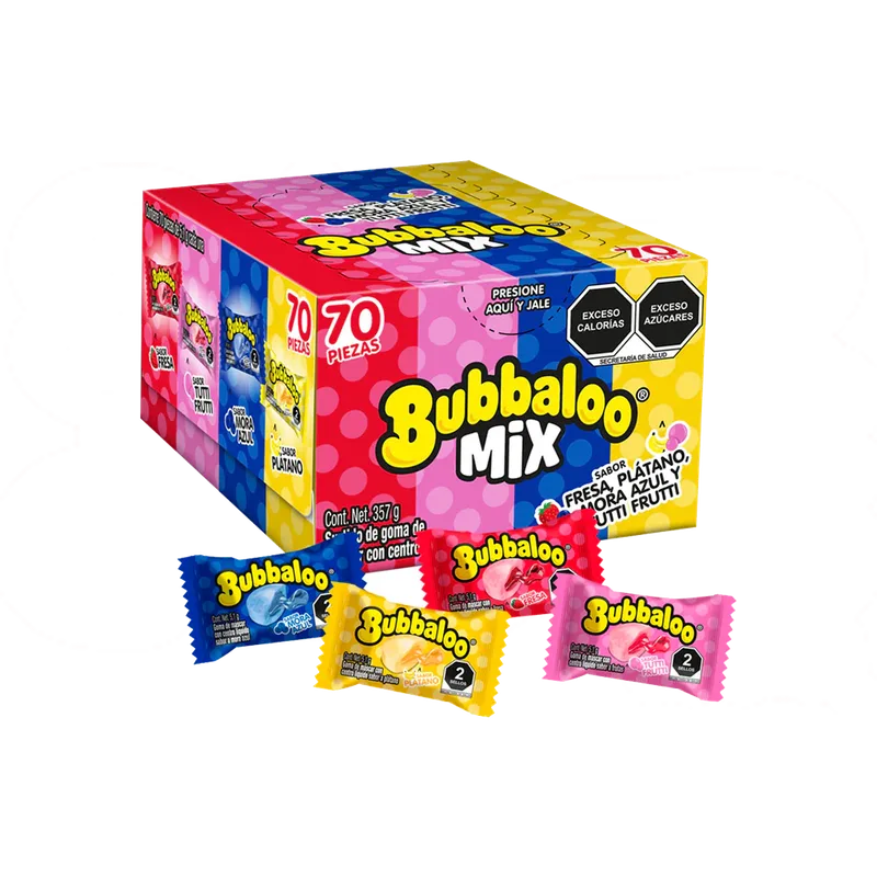 Adams 70´s chicle Bubbaloo PLATANO-MORA-TUTTI display con 70 piezas (Cartón con 32 displays) 32/70pzs